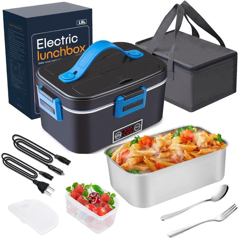 Electric Lunch Box for Adults, 1.8L Heated Lunch Box Portable Food Warmer Lunch Box for Work/Men/Car/Truck with 304 Stainless Steel Container Fork & Spoon, 110V/12V/24V