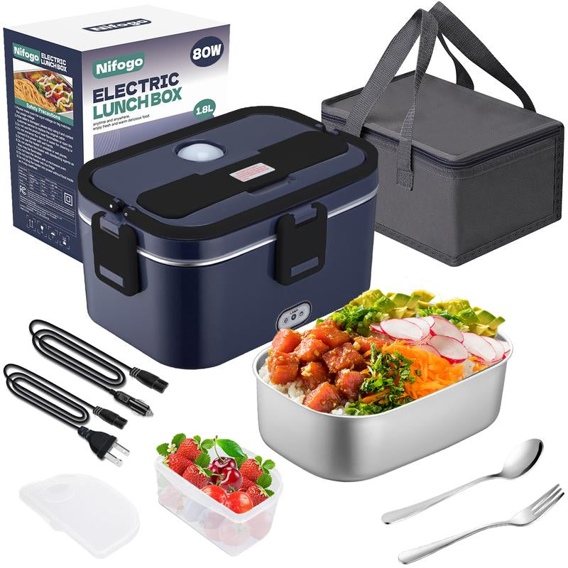 Electric Lunch Box for Adults, 1.8L Heated Lunch Box Portable Food Warmer Lunch Box for Work/Men/Car/Truck with 304 Stainless Steel Container Fork & Spoon, 110V/12V/24V