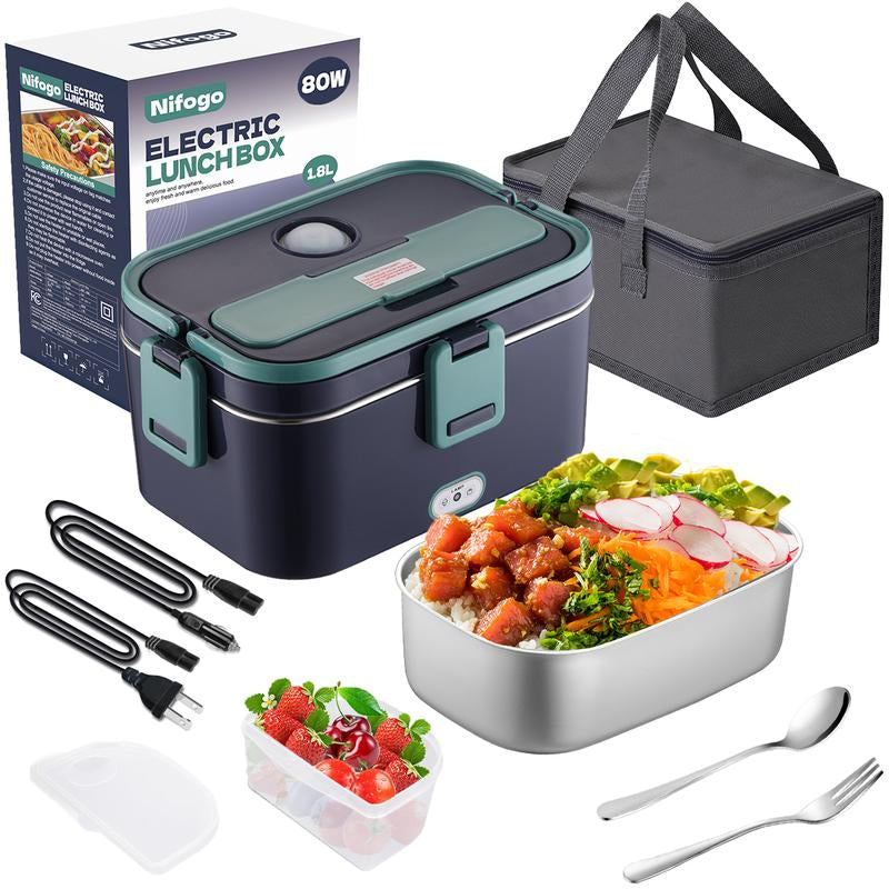 Electric Lunch Box for Adults, 1.8L Heated Lunch Box Portable Food Warmer Lunch Box for Work/Men/Car/Truck with 304 Stainless Steel Container Fork & Spoon, 110V/12V/24V