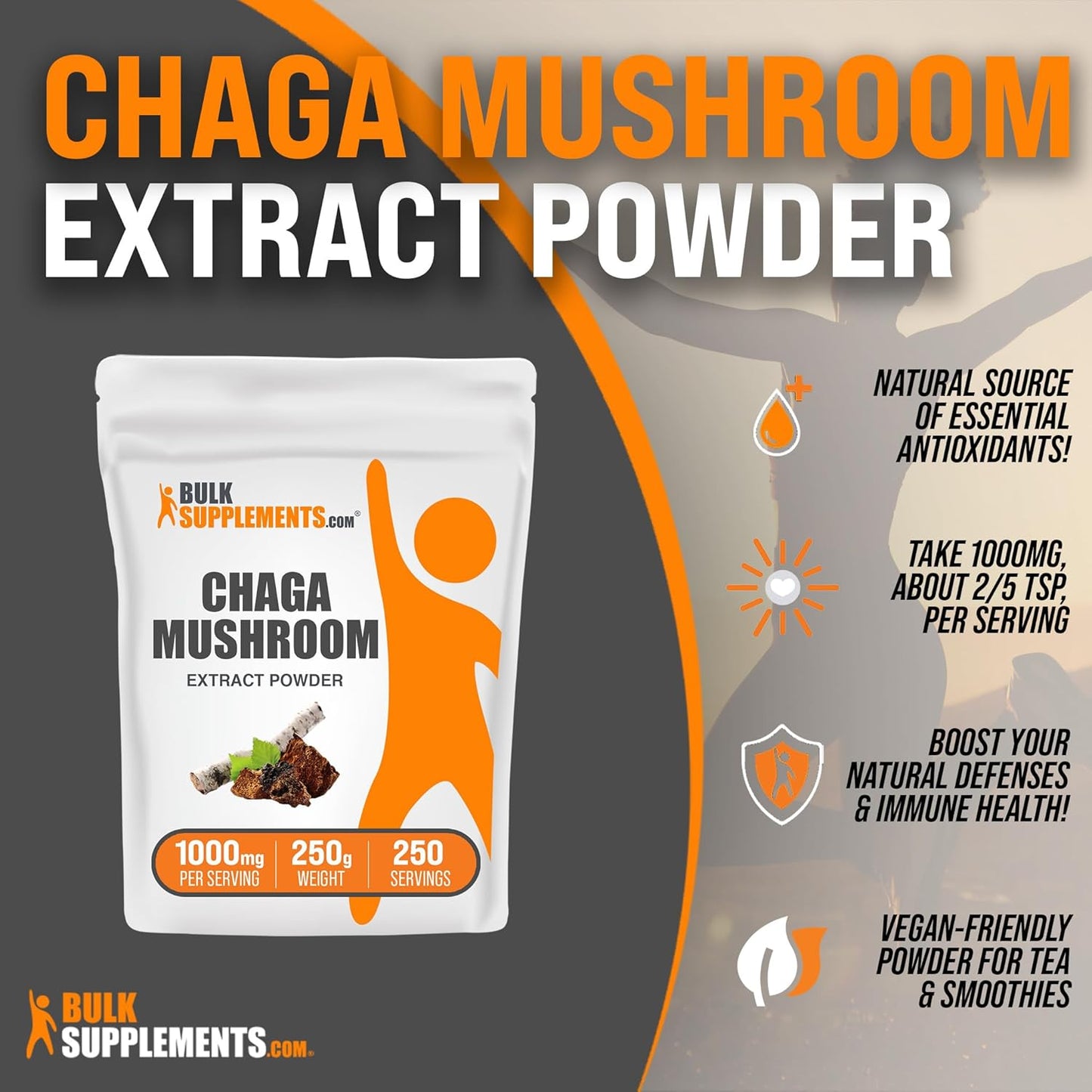 Bulksupplements.Com Chaga Mushroom Extract Powder - Chaga Extract, Chaga Mushrooms Powder - for Immune Support, Gluten Free - 1000Mg per Serving, 250G (8.8 Oz) (Pack of 1)