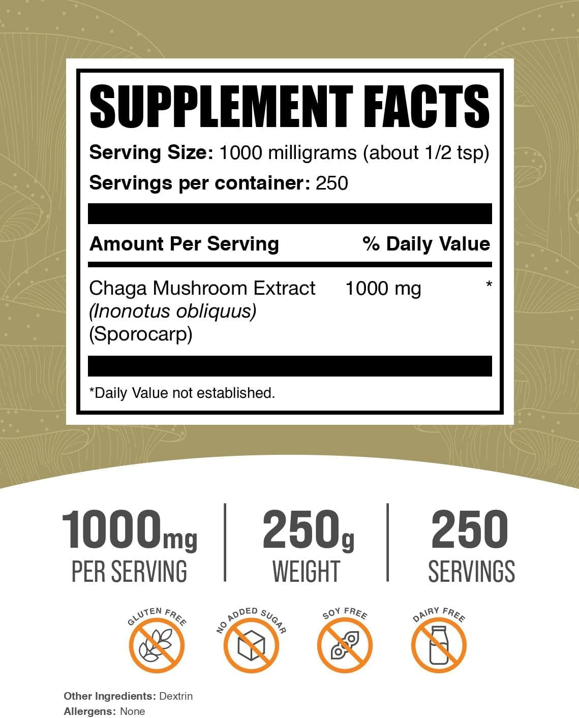 Bulksupplements.Com Chaga Mushroom Extract Powder - Chaga Extract, Chaga Mushrooms Powder - for Immune Support, Gluten Free - 1000Mg per Serving, 250G (8.8 Oz) (Pack of 1)