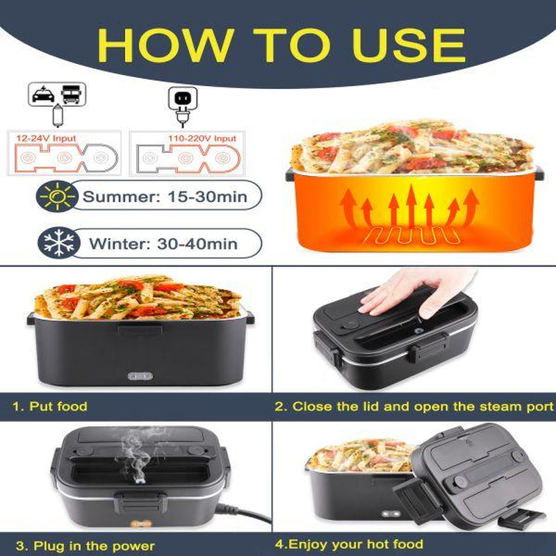 Electric Lunch Box for Adults, 1.8L Heated Lunch Box Portable Food Warmer Lunch Box for Work/Men/Car/Truck with 304 Stainless Steel Container Fork & Spoon, 110V/12V/24V
