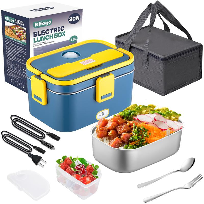 Electric Lunch Box for Adults, 1.8L Heated Lunch Box Portable Food Warmer Lunch Box for Work/Men/Car/Truck with 304 Stainless Steel Container Fork & Spoon, 110V/12V/24V