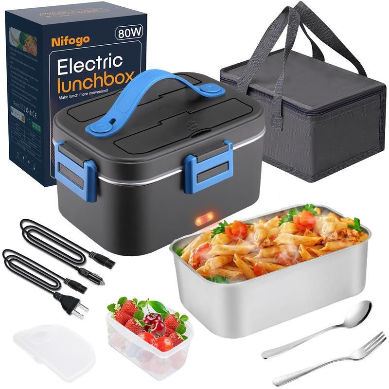 Electric Lunch Box for Adults, 1.8L Heated Lunch Box Portable Food Warmer Lunch Box for Work/Men/Car/Truck with 304 Stainless Steel Container Fork & Spoon, 110V/12V/24V