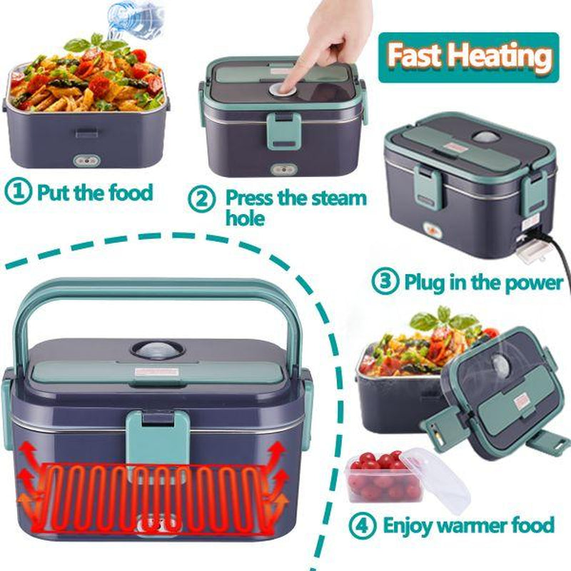 Electric Lunch Box for Adults, 1.8L Heated Lunch Box Portable Food Warmer Lunch Box for Work/Men/Car/Truck with 304 Stainless Steel Container Fork & Spoon, 110V/12V/24V