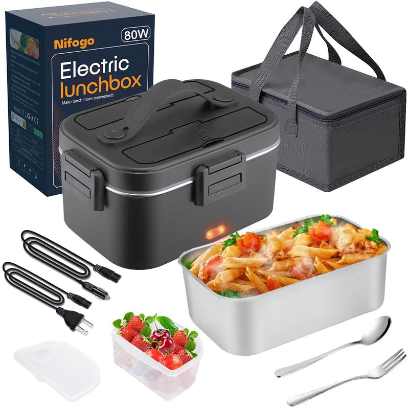 Electric Lunch Box for Adults, 1.8L Heated Lunch Box Portable Food Warmer Lunch Box for Work/Men/Car/Truck with 304 Stainless Steel Container Fork & Spoon, 110V/12V/24V