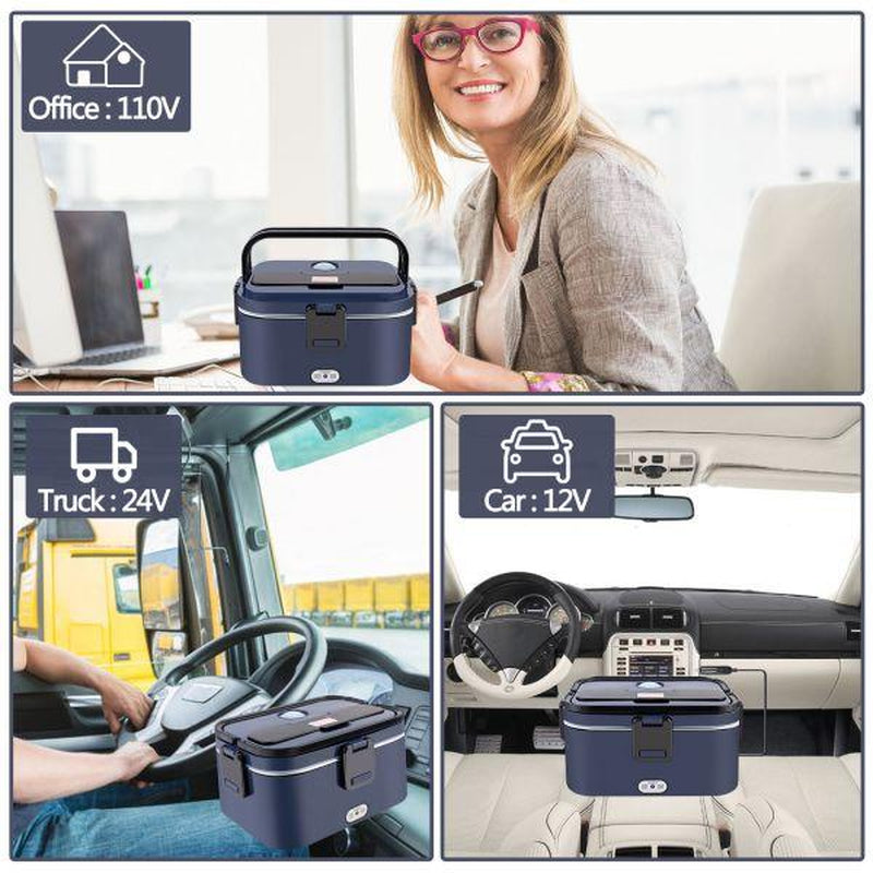 Electric Lunch Box for Adults, 1.8L Heated Lunch Box Portable Food Warmer Lunch Box for Work/Men/Car/Truck with 304 Stainless Steel Container Fork & Spoon, 110V/12V/24V