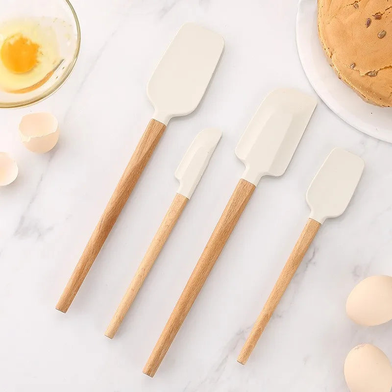 Premium 2-Piece White Silicone Spatula Set with Wooden Handle - Non-Stick Baking Tool for Perfect Cakes, Pastries, and Chocolate Mixing