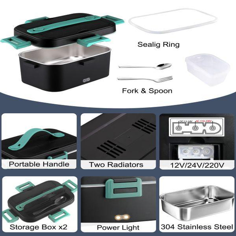 Electric Lunch Box for Adults, 1.8L Heated Lunch Box Portable Food Warmer Lunch Box for Work/Men/Car/Truck with 304 Stainless Steel Container Fork & Spoon, 110V/12V/24V