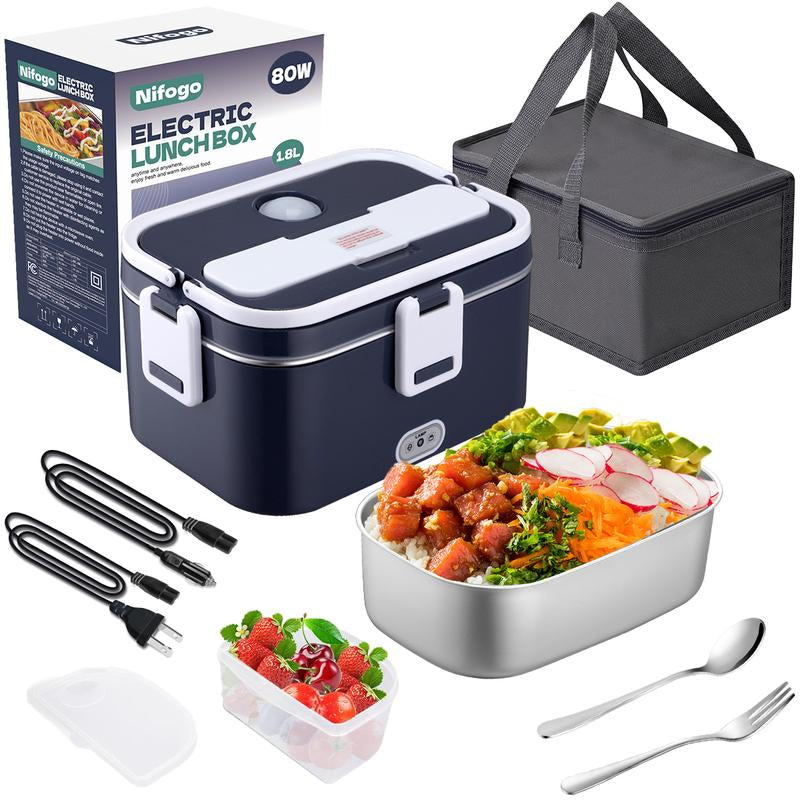 Electric Lunch Box for Adults, 1.8L Heated Lunch Box Portable Food Warmer Lunch Box for Work/Men/Car/Truck with 304 Stainless Steel Container Fork & Spoon, 110V/12V/24V