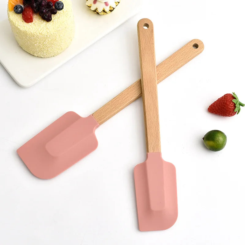 Premium 2-Piece White Silicone Spatula Set with Wooden Handle - Non-Stick Baking Tool for Perfect Cakes, Pastries, and Chocolate Mixing