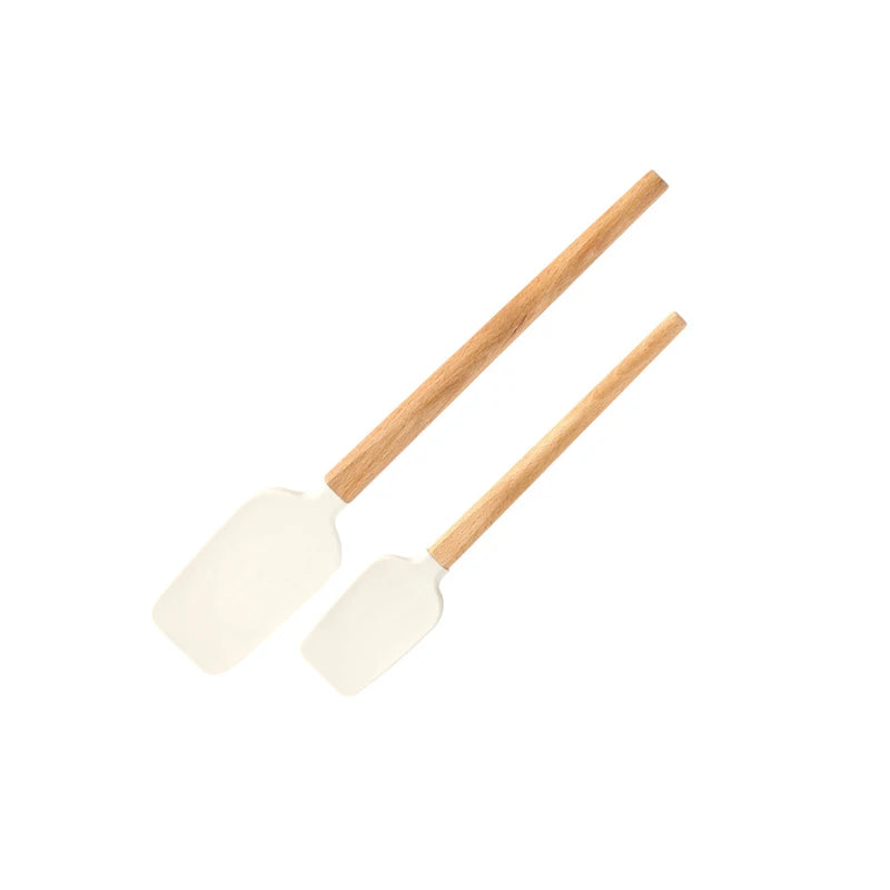 Premium 2-Piece White Silicone Spatula Set with Wooden Handle - Non-Stick Baking Tool for Perfect Cakes, Pastries, and Chocolate Mixing