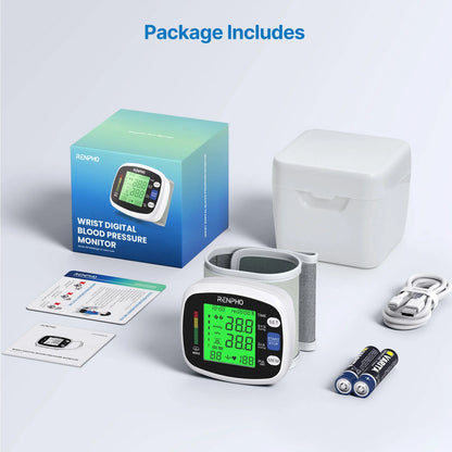 Wrist Blood Pressure Monitor for Home Use, Automatic BP Machine with Large LCD Display, Adjustable Wrist Blood Pressure Cuff, 198 Memory Storage for 2 Users with Carrying Case