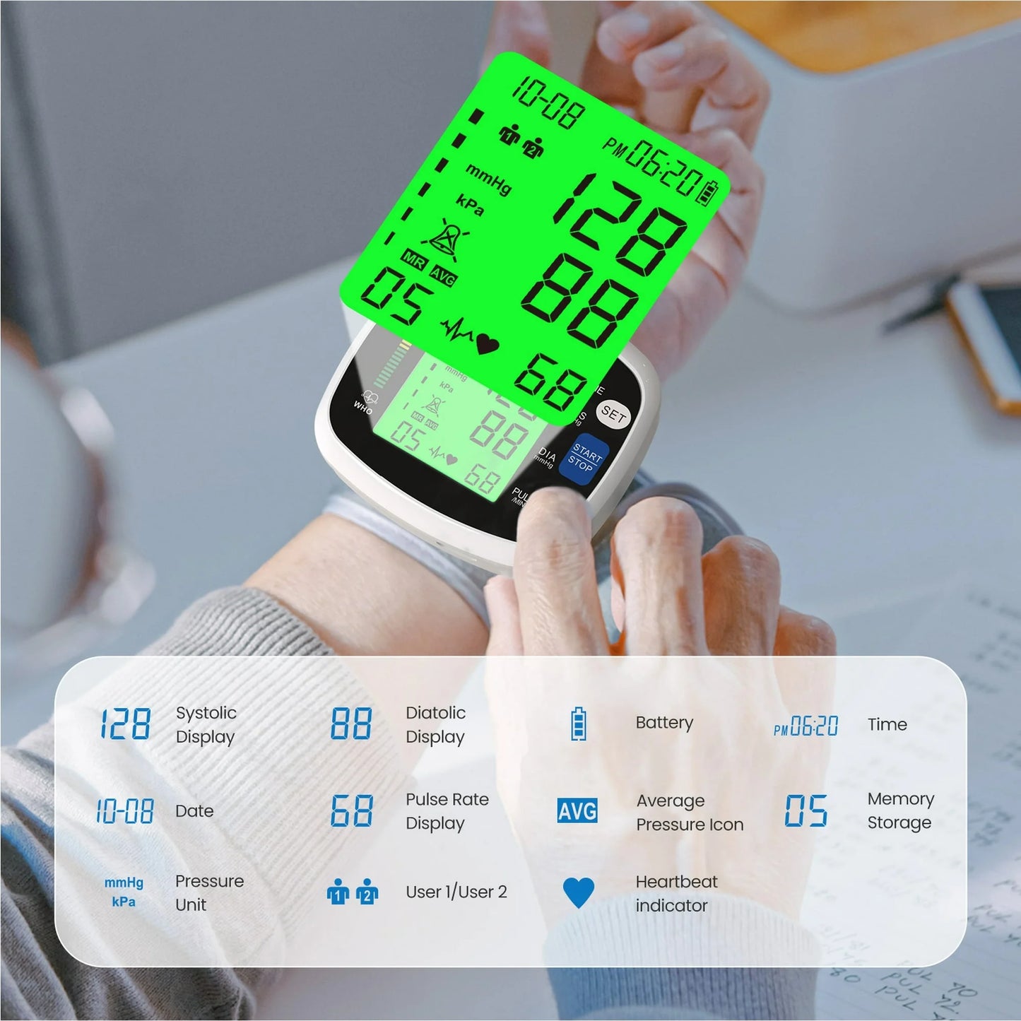 Wrist Blood Pressure Monitor for Home Use, Automatic BP Machine with Large LCD Display, Adjustable Wrist Blood Pressure Cuff, 198 Memory Storage for 2 Users with Carrying Case