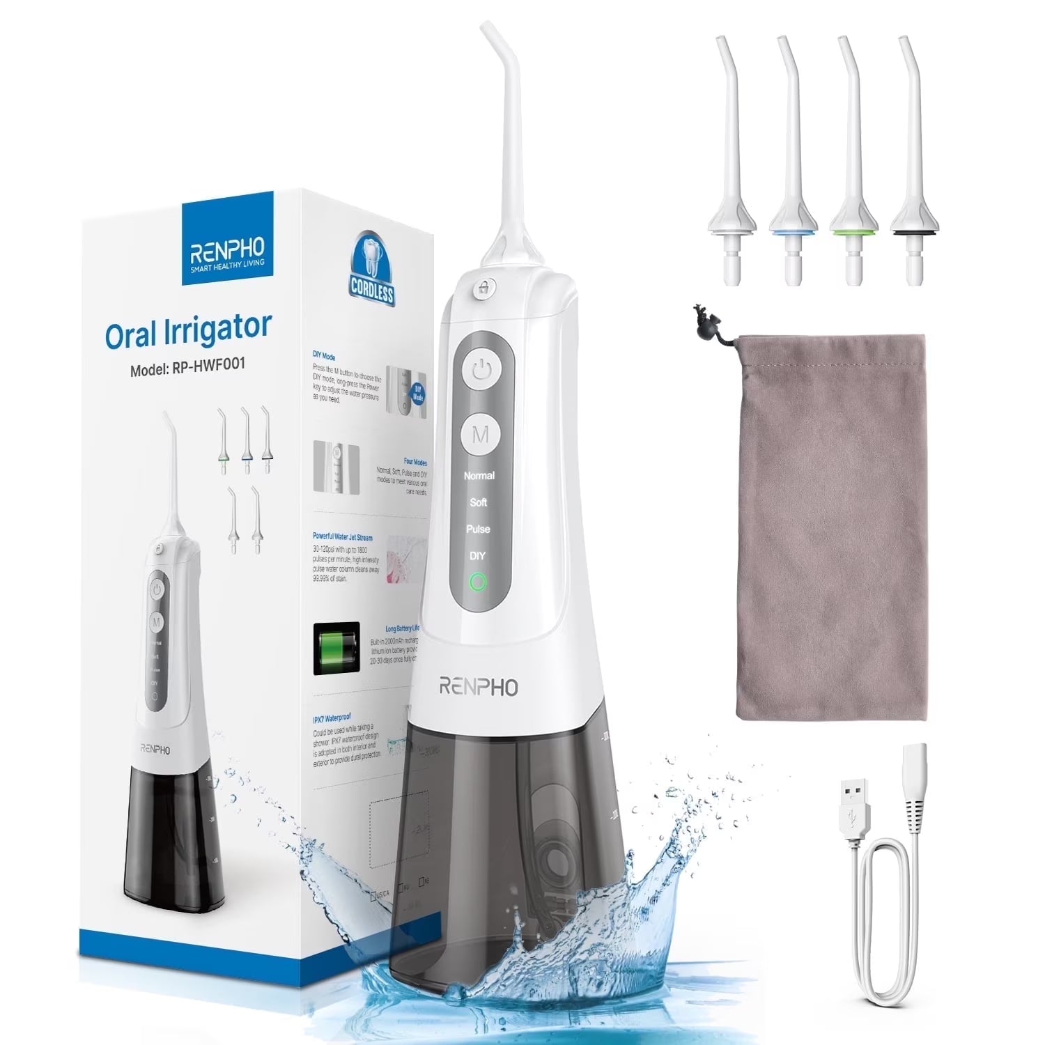 Rechargeable Water Flosser Portable Oral Irrigator, Cordless Dental Water Pick, White