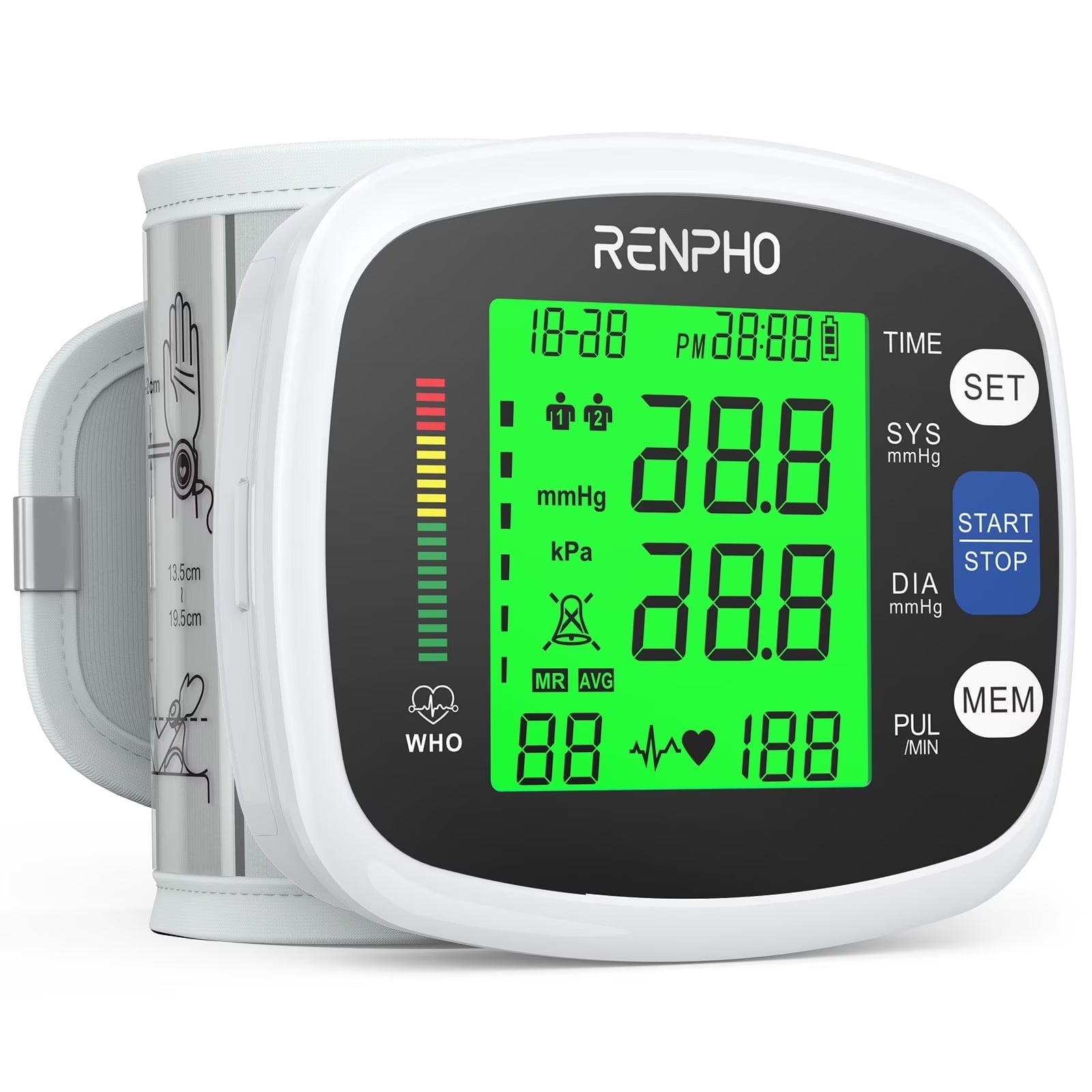 Wrist Blood Pressure Monitor for Home Use, Automatic BP Machine with Large LCD Display, Adjustable Wrist Blood Pressure Cuff, 198 Memory Storage for 2 Users with Carrying Case