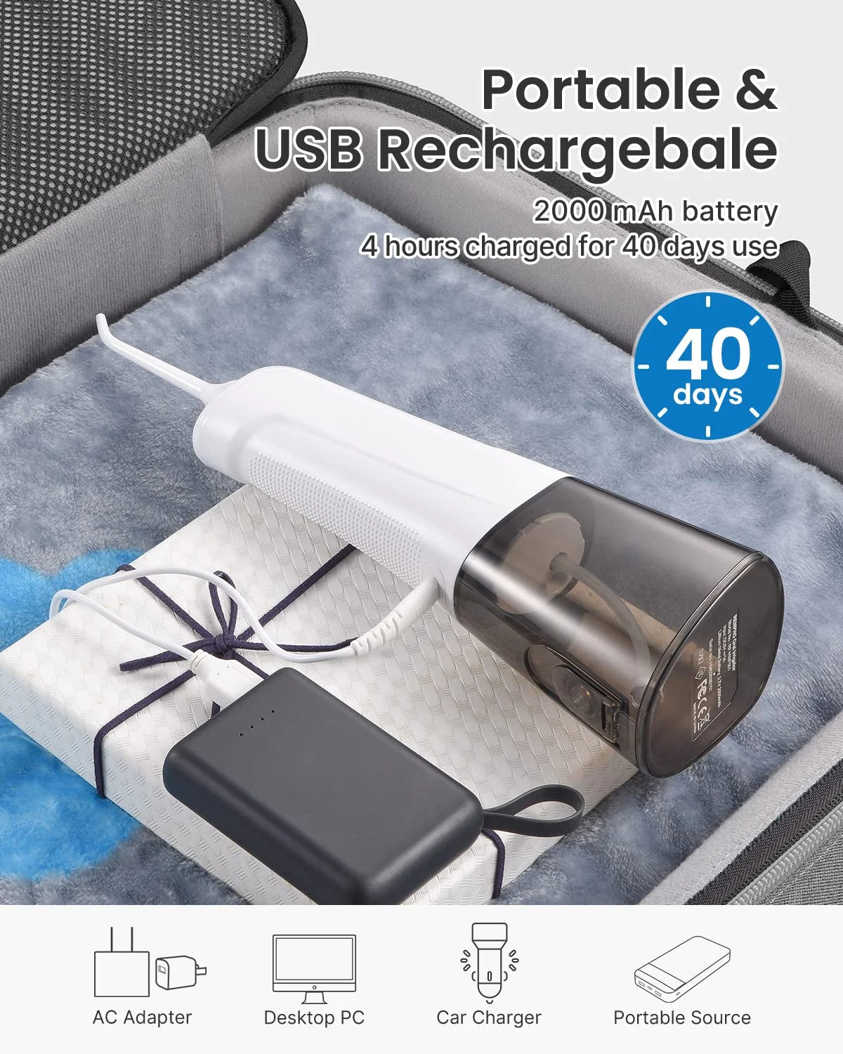 Rechargeable Water Flosser Portable Oral Irrigator, Cordless Dental Water Pick, White