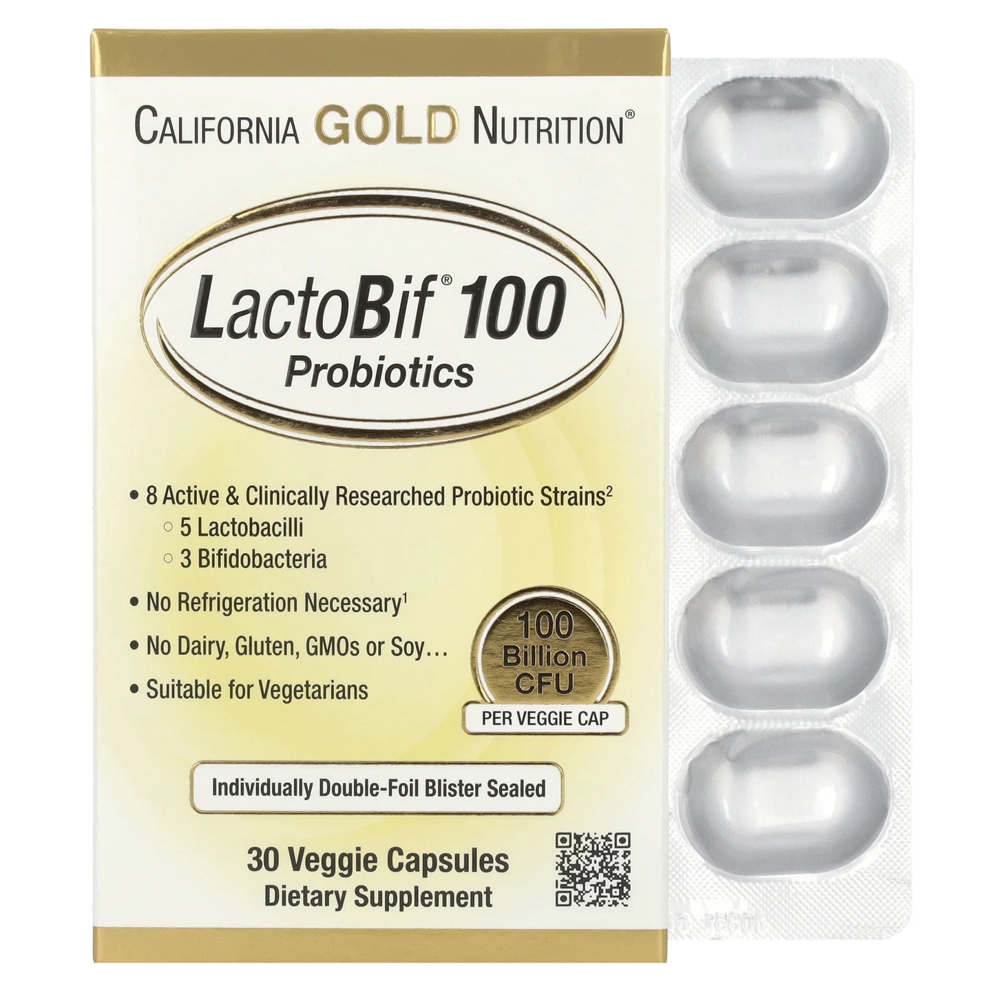 Lactobif Probiotics, 100 Bllion CFU, 8 Active & Clinically Researched Probiotic Strains, Soy-Free, Sugar-Free, Vegetarian, Individually Double-Foil Blister Sealed, 30 Veggie Capsules
